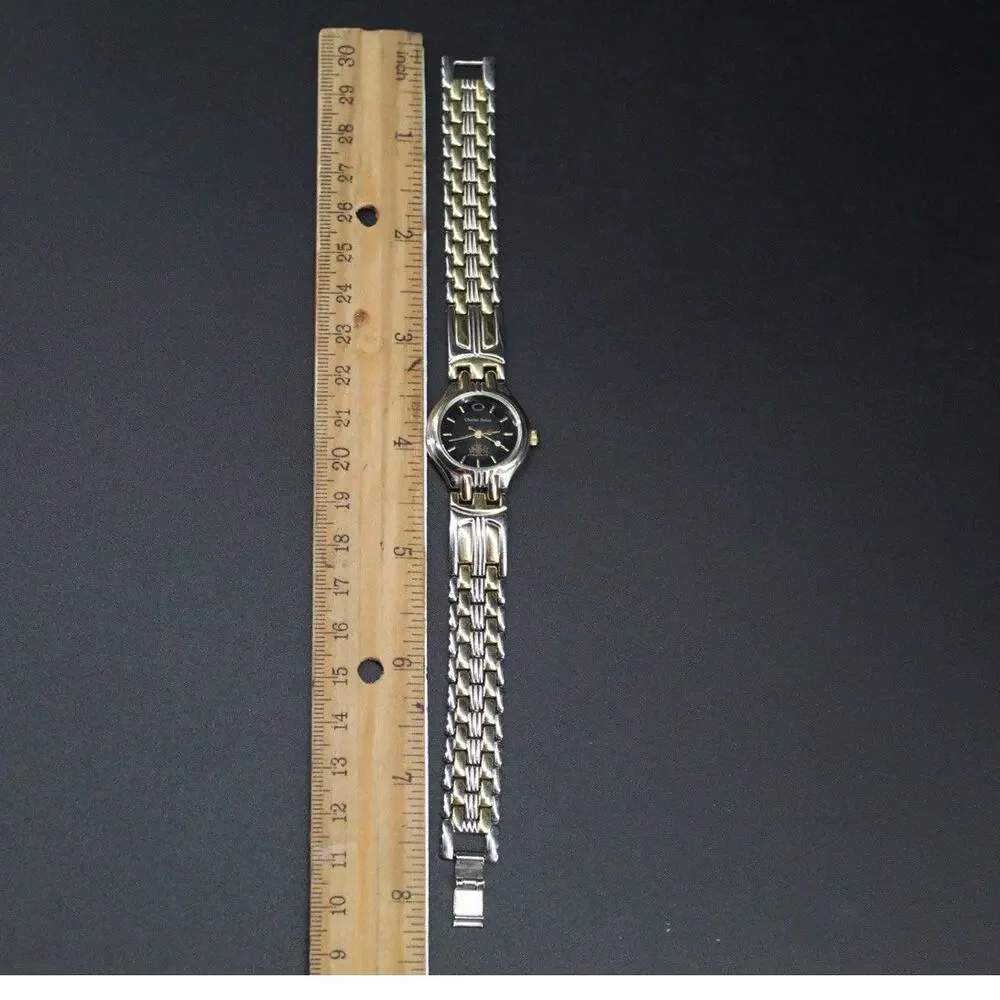 Charles Delon Black Dial Round Silver Tone Case Two Tone Band Watch New battery